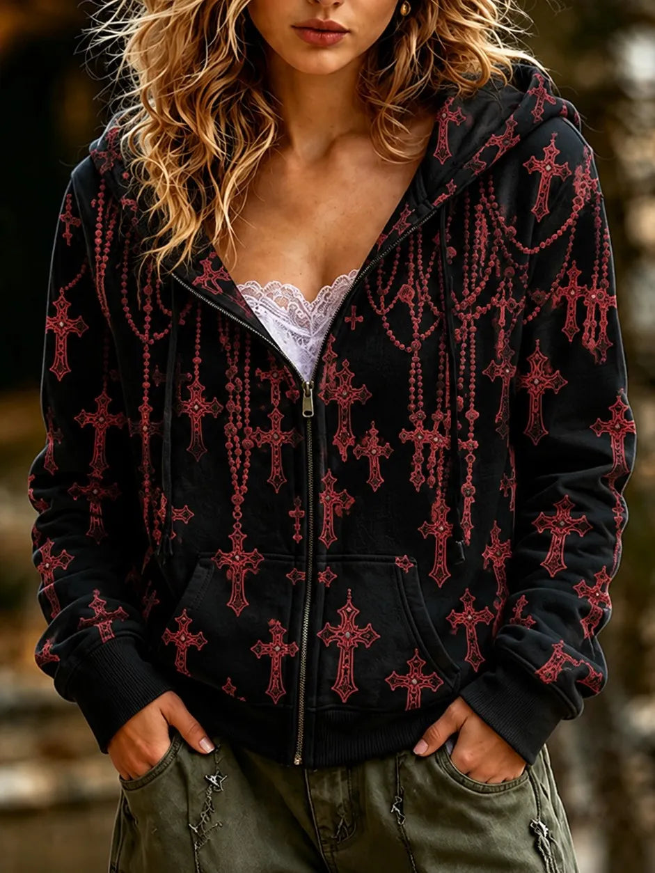 Women's Retro Halloween Style Cross Print Sweatshirt Jacket