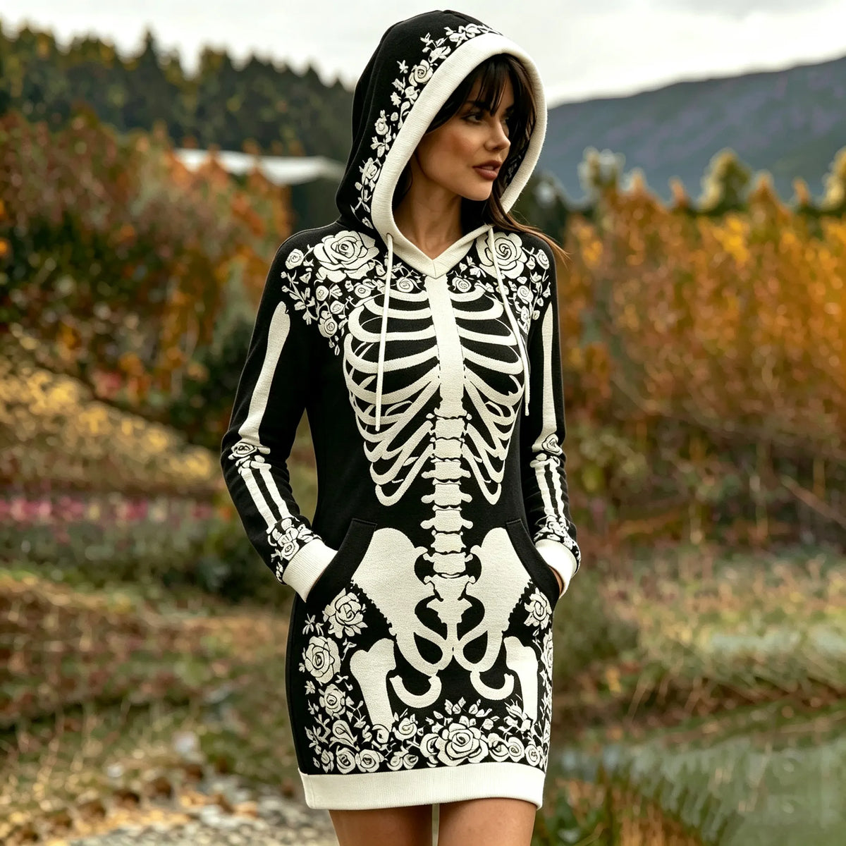 Women's Vintage Halloween Skeleton Bones With White Rose Art Hoodie Dress
