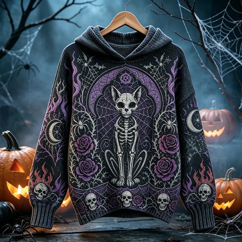 Women's Halloween Gothic Skull Cat Pattern Hooded Sweater - Purple Moon Rose Skull Pattern