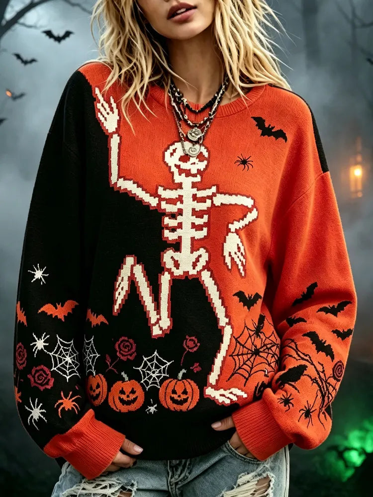 Women's Gothic Halloween Skull Bat Pumpkin Long-sleeve Sweater