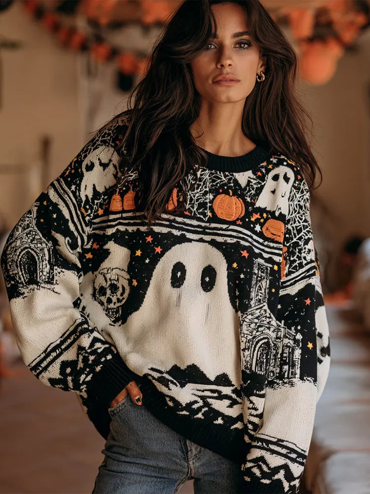 Vintage Halloween Cute Ghost Theme Art Knit Crewneck Sweater