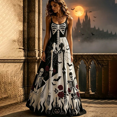 Women's Halloween Skeleton Rose Strappy Maxi Dress