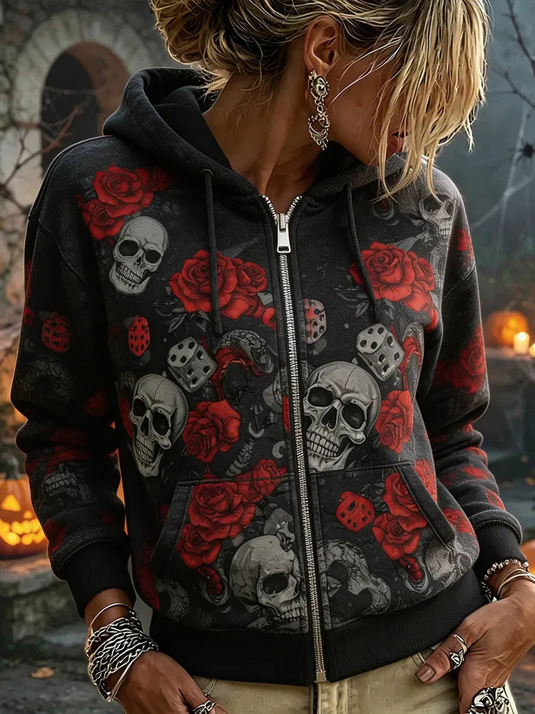 Women's Retro Skull Red Rose Dice Snake Print Gothic Halloween Full Zip Hooded Sweatshirt Casual Jacket
