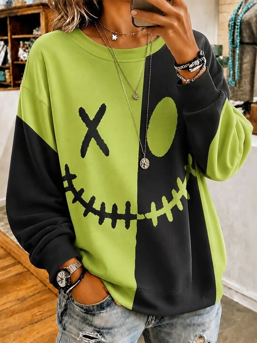 Women's Retro Halloween Smiley Face Print Sweatshirt