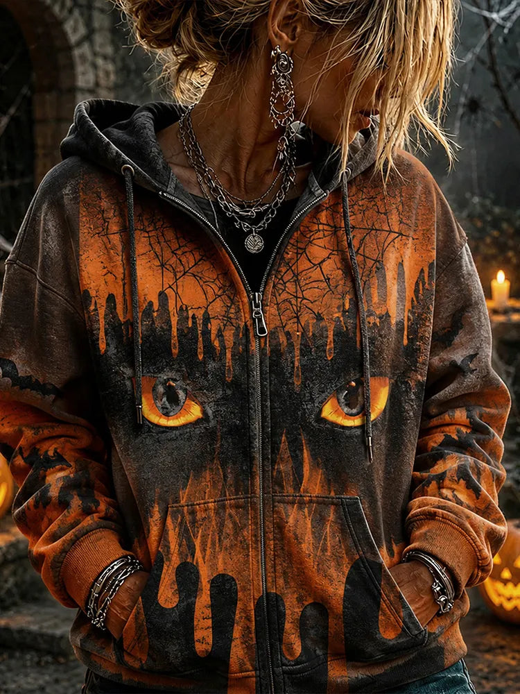 Women's Retro Halloween Gothic Style Washed Halloween Cat Eye Bat Graveyard Full Print Hooded Sweatshirt