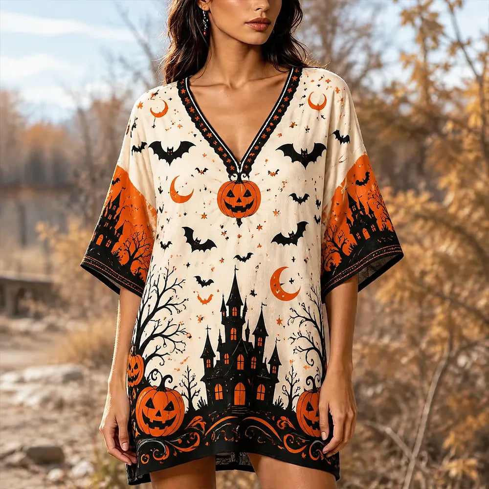 Women's V-neck Loose-fit Mini Dress/cover-up With Halloween Festive Print: Haunted Mansion, Jack-o'-lantern, Bats, And Moons