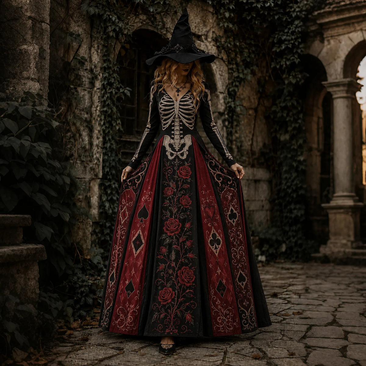 Women's Halloween Gothic Skeleton & Floral V-neck Maxi Dress