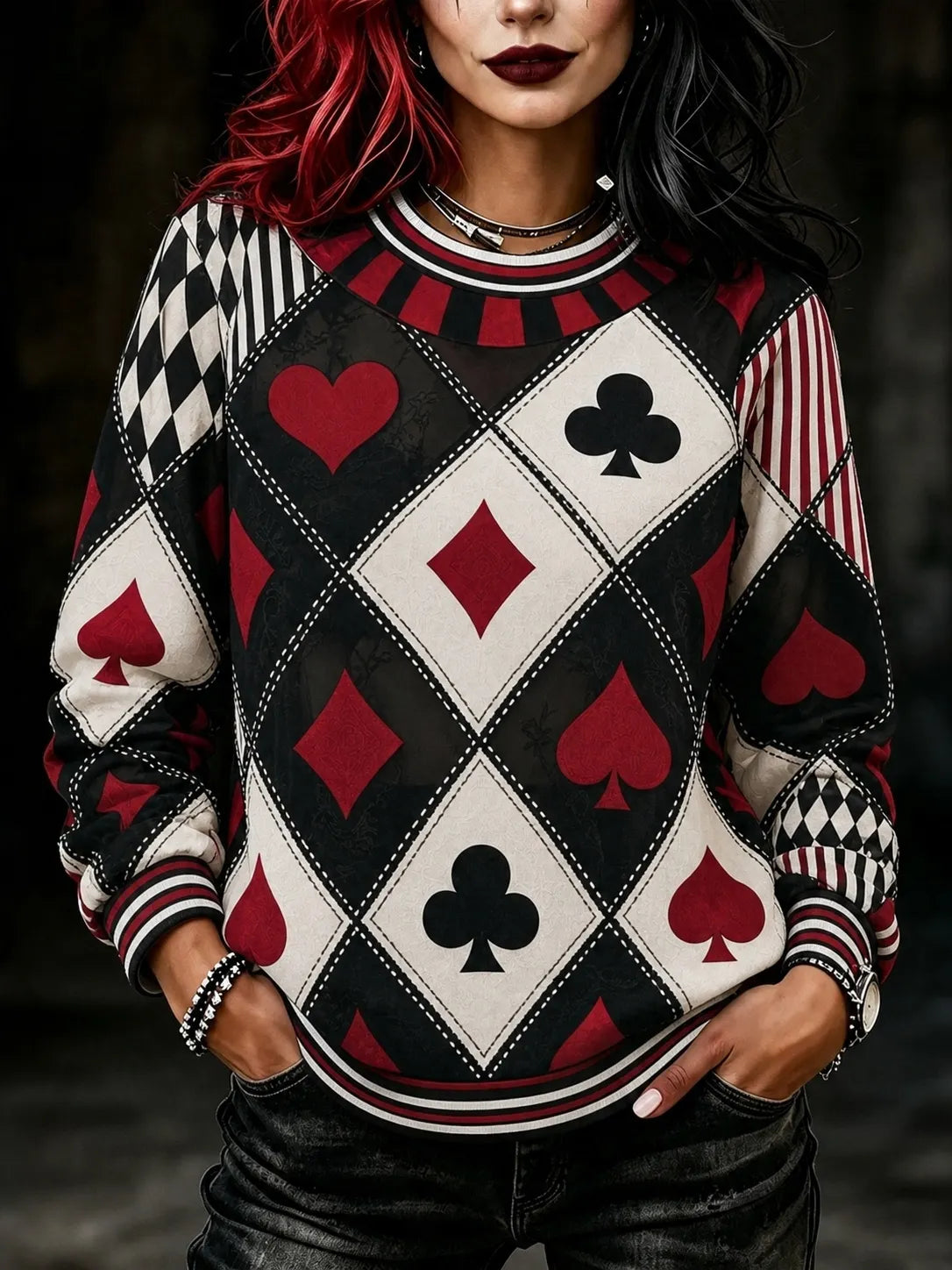 Women's Halloween Retro Casual Color Block Poker Print Long Sleeve Crew Neck Sweatshirt