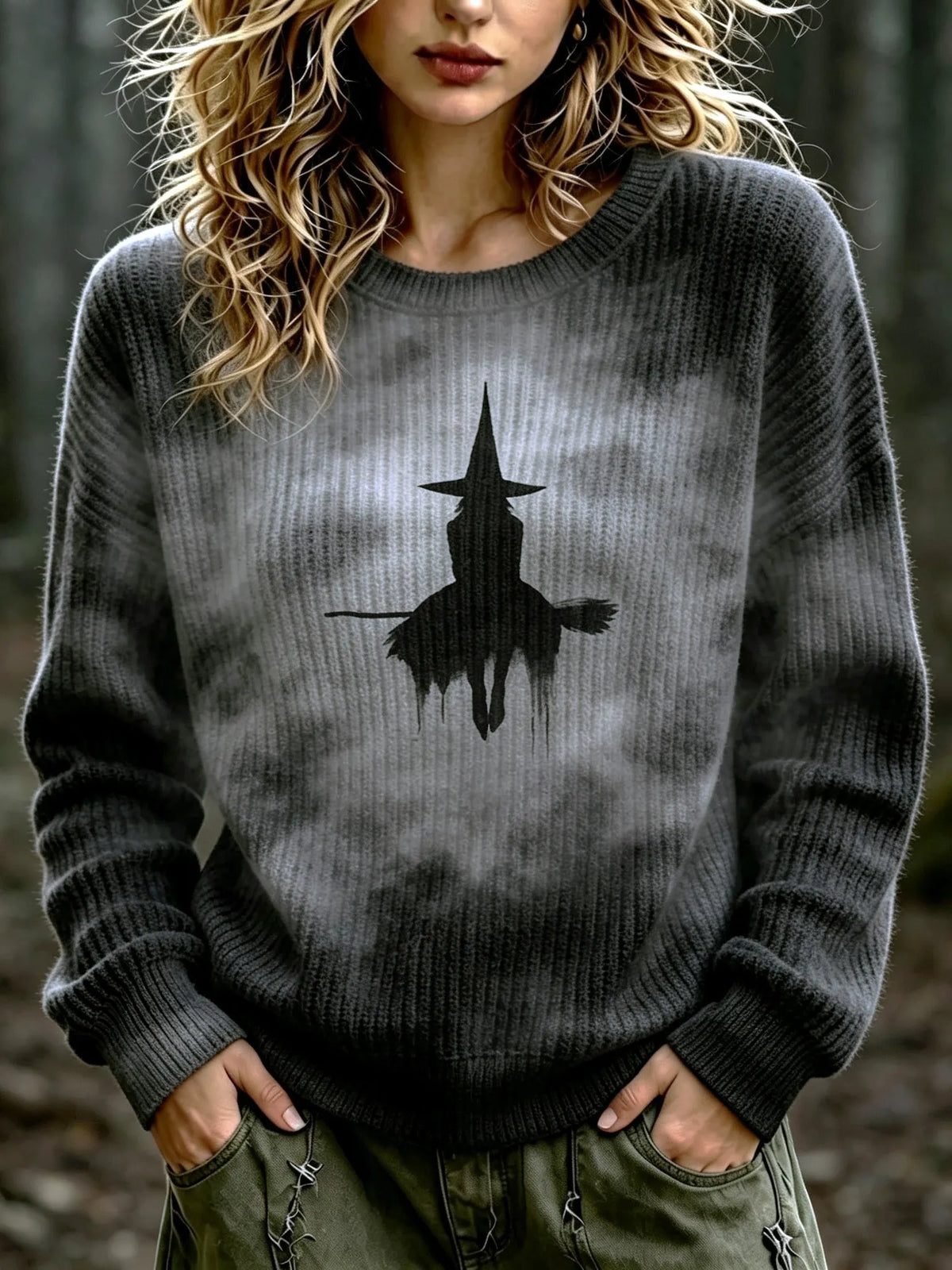Women's Retro Halloween Theme Witch Print Sweater