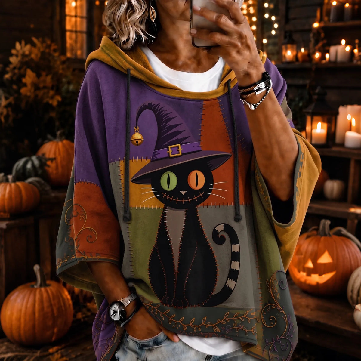 Women's Halloween Black Cat Color Blocking Art Print Casual Hoodie
