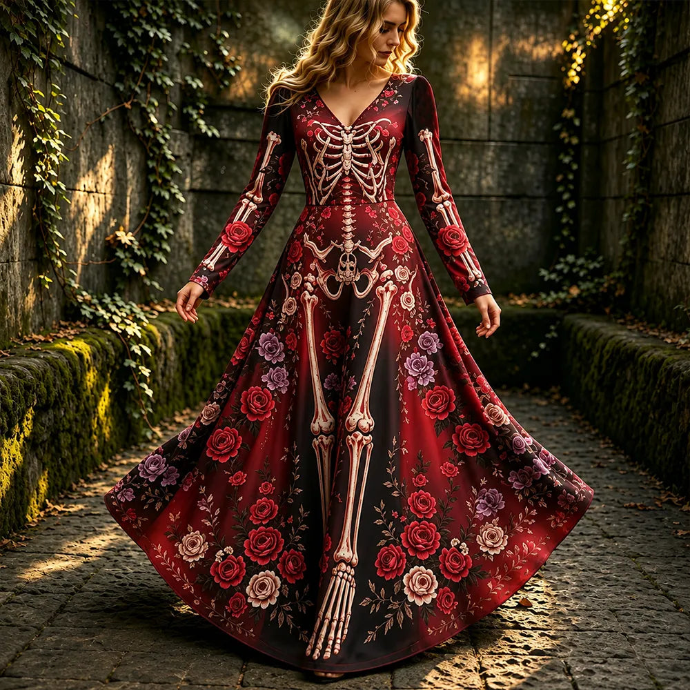 Women's Floral Skeleton Bone Print Maxi Dress - Dark Academia Style V-neck Gown