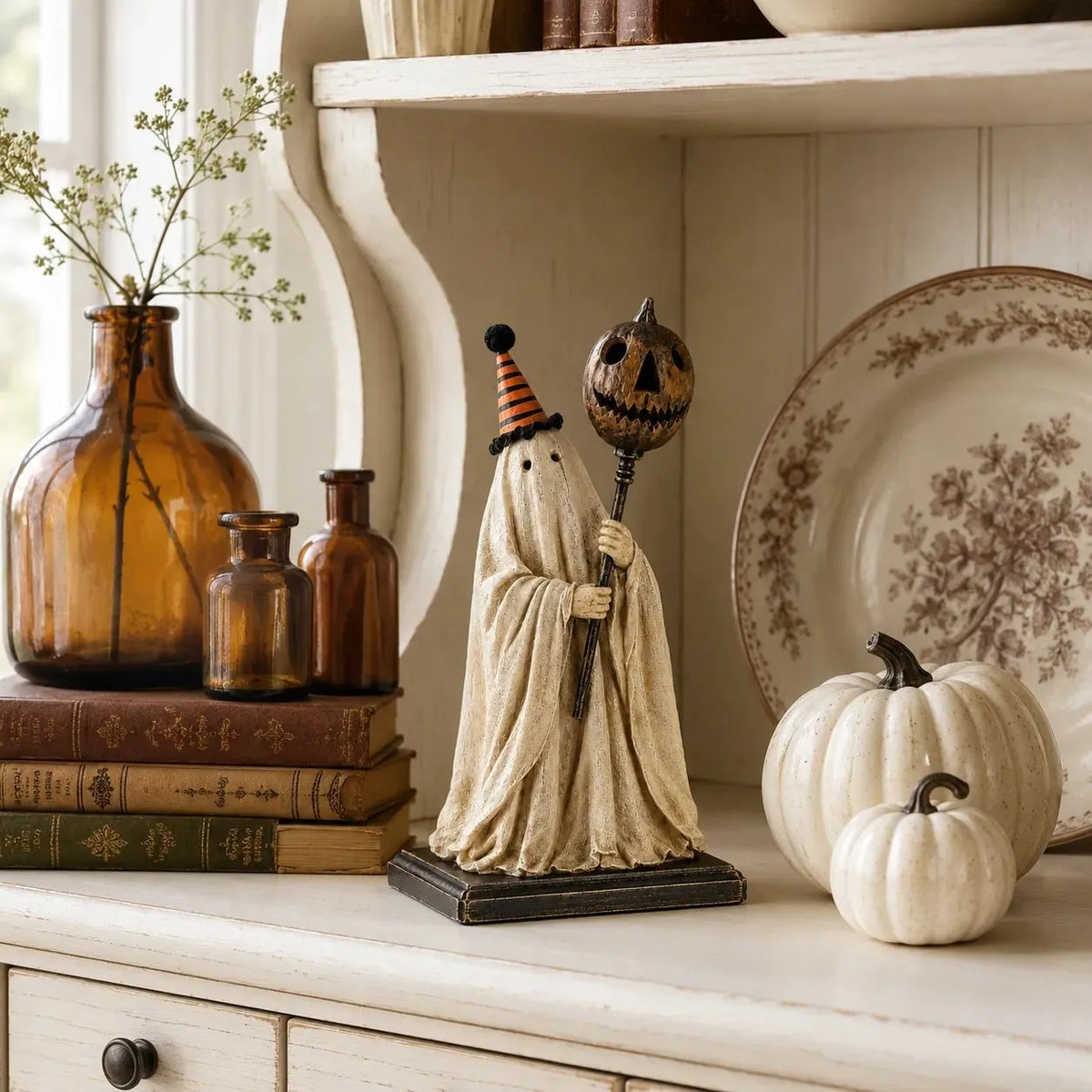 Lighted Vintage Ghost Figurine with Glowing Pumpkin Staff 👻💡