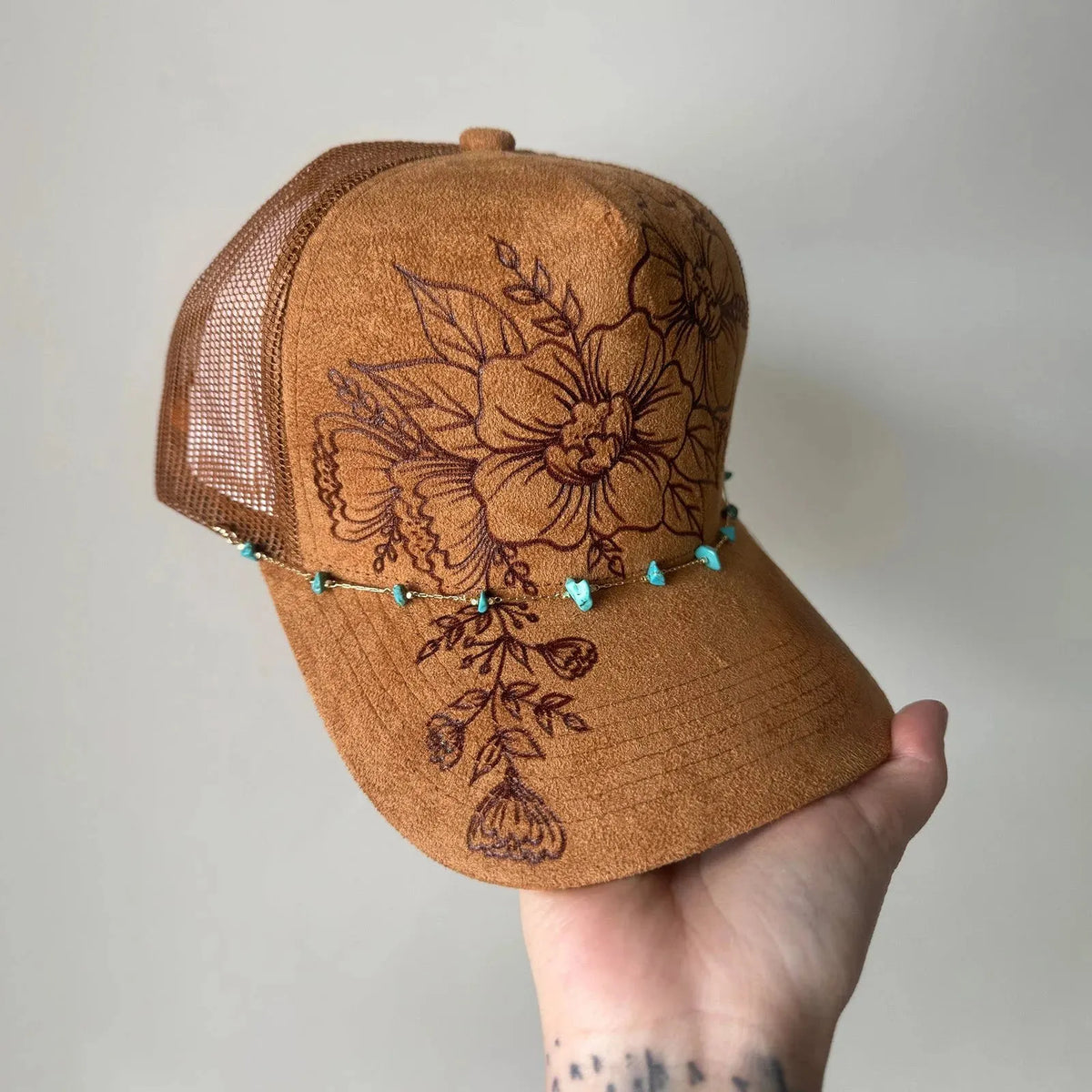 🌸Flower Patch Burned Suede Trucker Hat with Dainty Turquoise Stone Chain