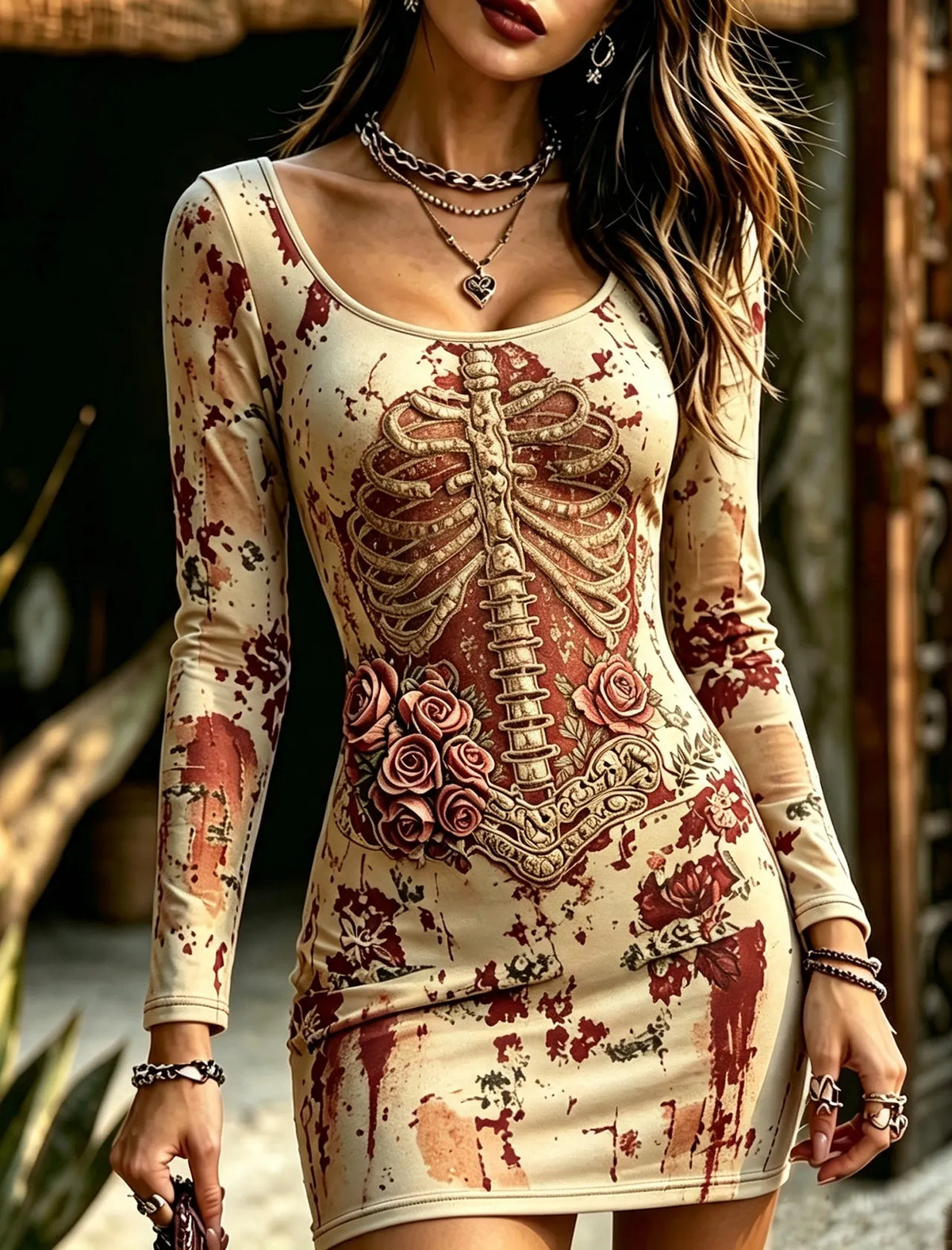 Women's Gothic Skeleton Rose Blood‐splatter Bodycon Mini Dress