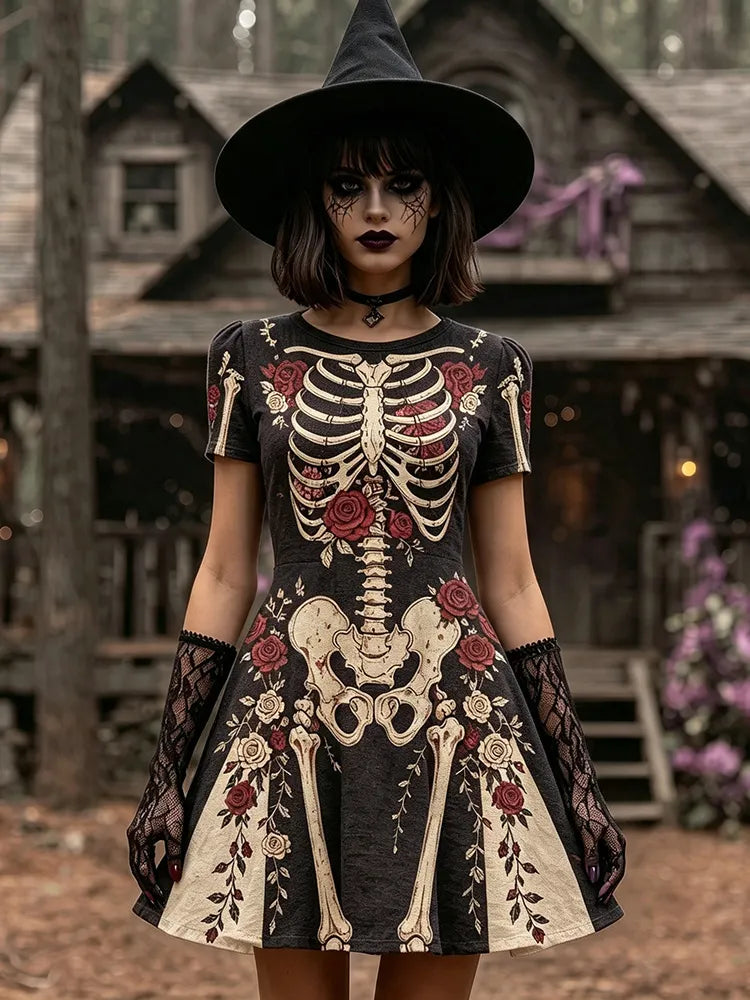 Women's Vintage Halloween Gothic Skeleton Roses Art Print Linen Short-sleeved Dress