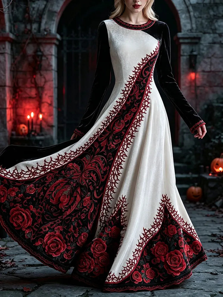 Women's Retro Gothic Floral Print Velvet Long-sleeved Flowy Dress