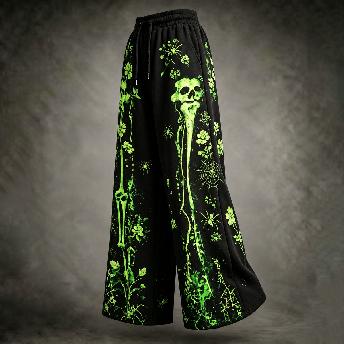 Women's Dark Retro Halloween Skeleton Spider Web Floral Print Three-piece Set