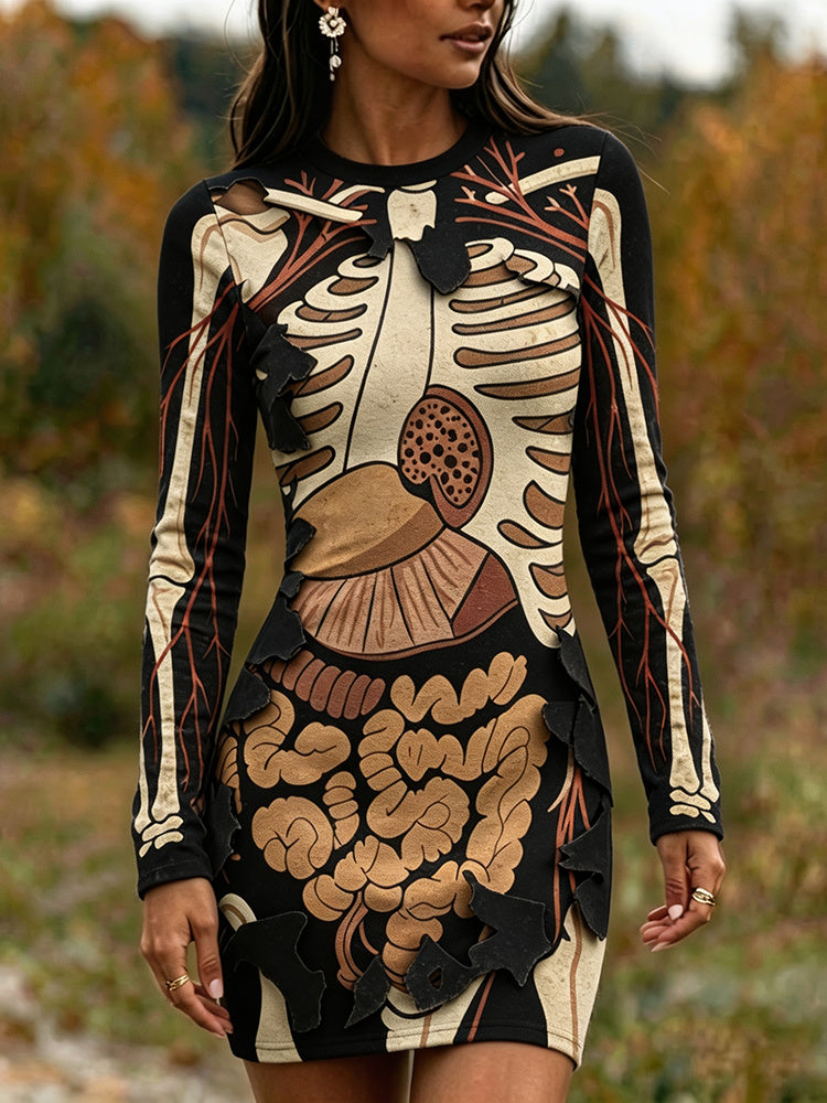 Women's Gothic Skeleton With Halloween Anatomy Art Print Bodycon Mini Dress