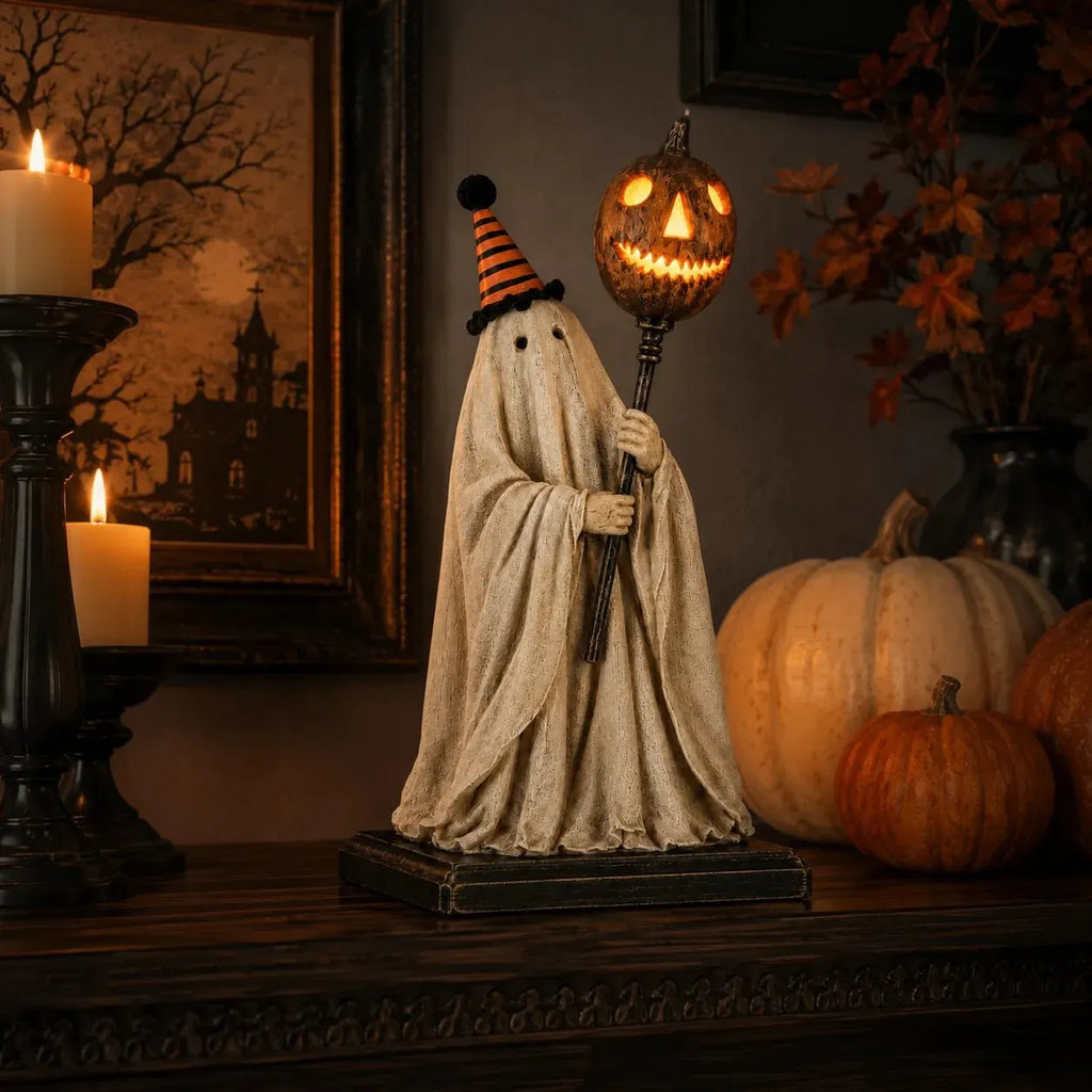 Lighted Vintage Ghost Figurine with Glowing Pumpkin Staff 👻💡