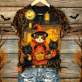Women's Retro Halloween Theme Cat Print Casual T-shirt