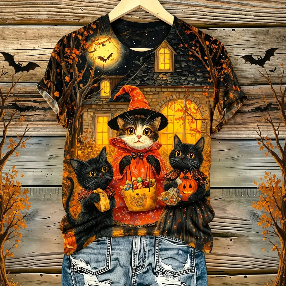 Women's Retro Halloween Theme Cat Print Casual T-shirt