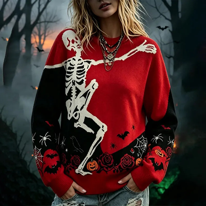 Women's Gothic Halloween Skull Rose Pumpkin Long-sleeve Sweater