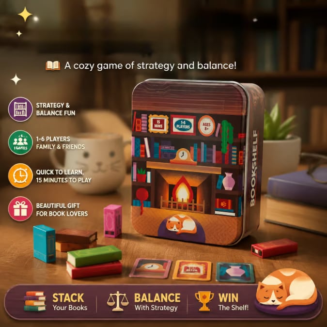 📚🎲Bookshelf Cooperative Stacking Game | Skill & Balance Card and Book Tower Game in Travel Tin