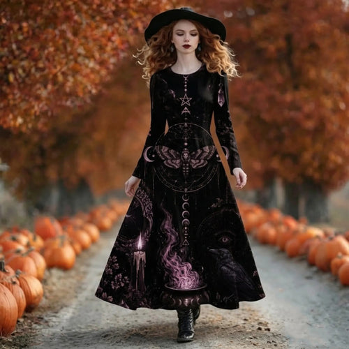 Women's Gothic Witch Mystic Moth Moon Raven Print Long-sleeved A-line Dress