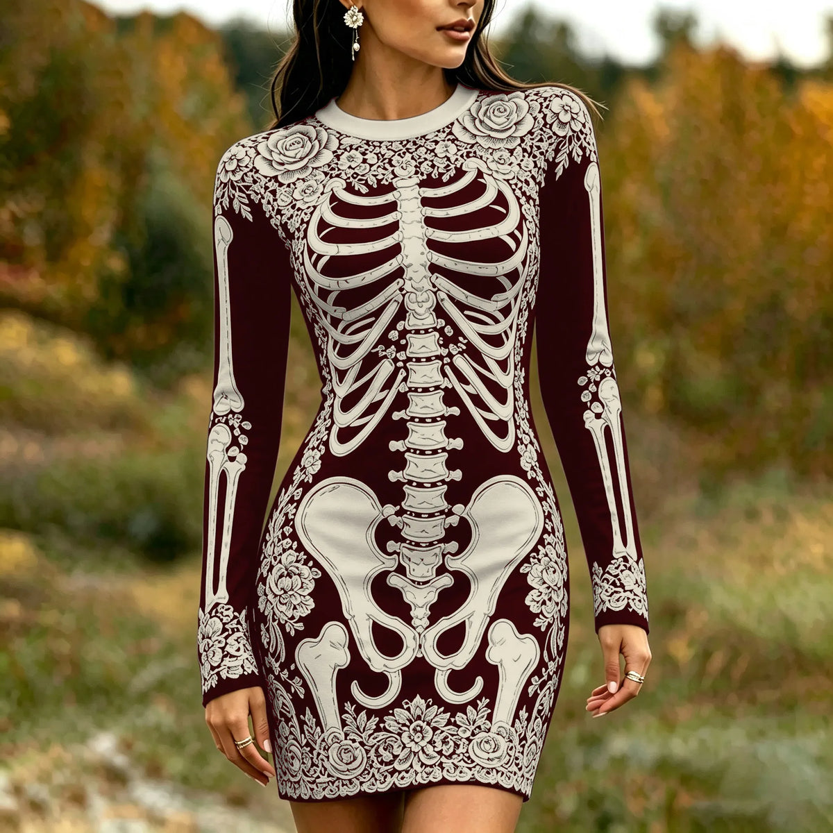 Women's Gothic Skeleton White Rose Art Print Bodycon Mini Dress