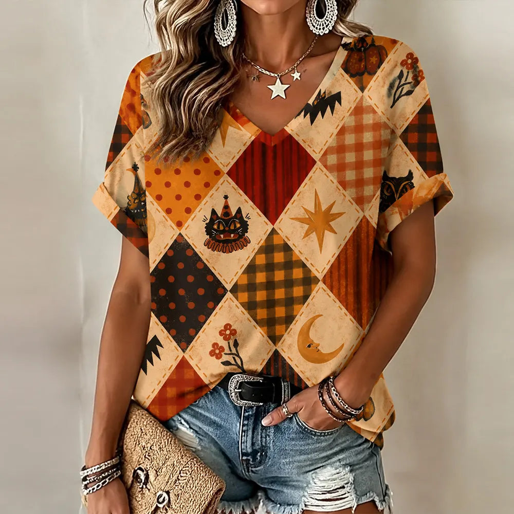 Women's Halloween Circus Cat Patchwork Art Print Casual Top
