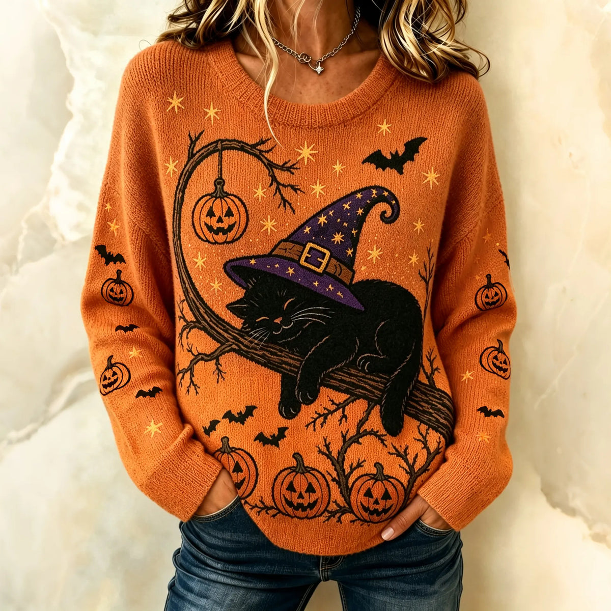 Women's Retro Halloween Lazy Black Cat Print Cozy Knit Crew Neck Sweater