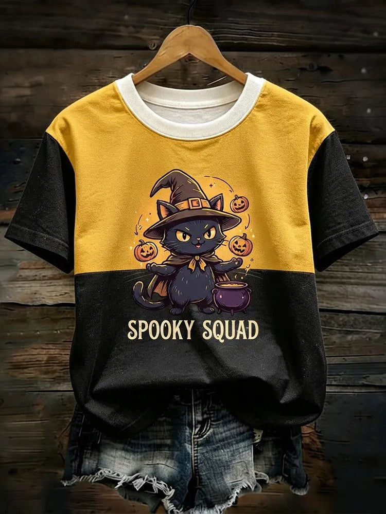 Unisex Yellow And Black Colorblock Spooky Squad Witch Cat Print Short Sleeve T-shirt
