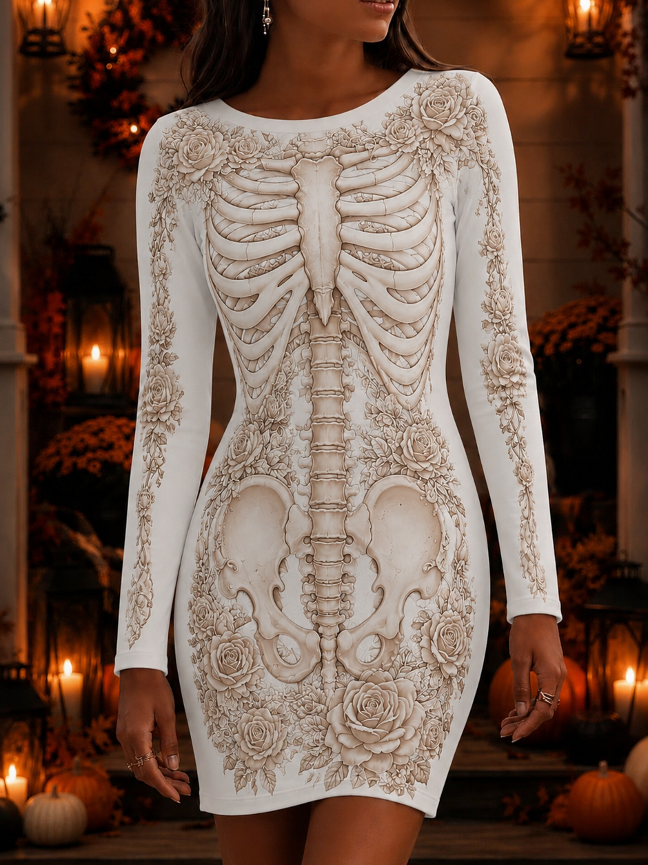Women's Skeleton & Floral Halloween Art Print Mini Dress