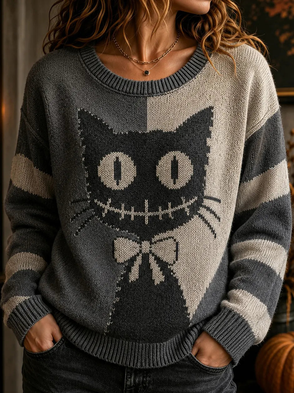 Women's Retro Halloween Black Cat Knit Crew Neck Sweater