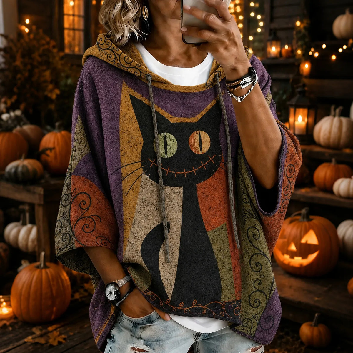 Women's Halloween Black Cat Color Blocking Art Print Casual Hoodie