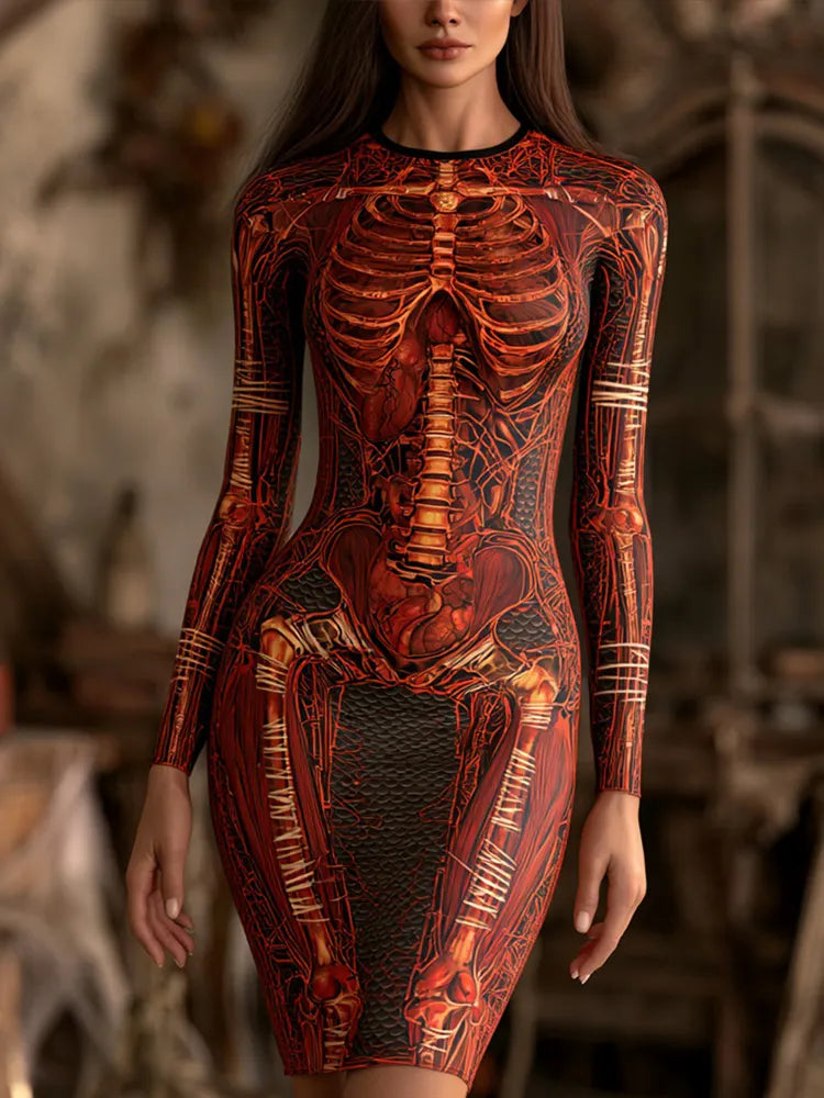 Women's Halloween Skeleton And Bandage Art Slim Fit Long Sleeve Dress