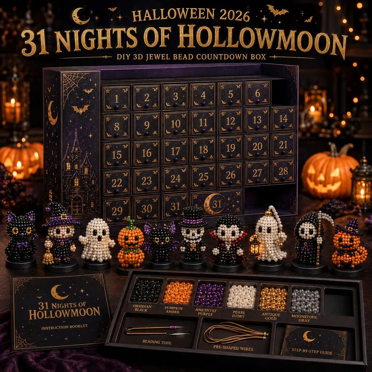 🔥HOT SALE🔥 LAST DAY 49% OFF – 🎃 Hollowmoon 31-Night Jewel-Bead Countdown Calendar | 31 Daily DIY Characters, Complete Craft Supplies & Midnight Parade Display 💎✨