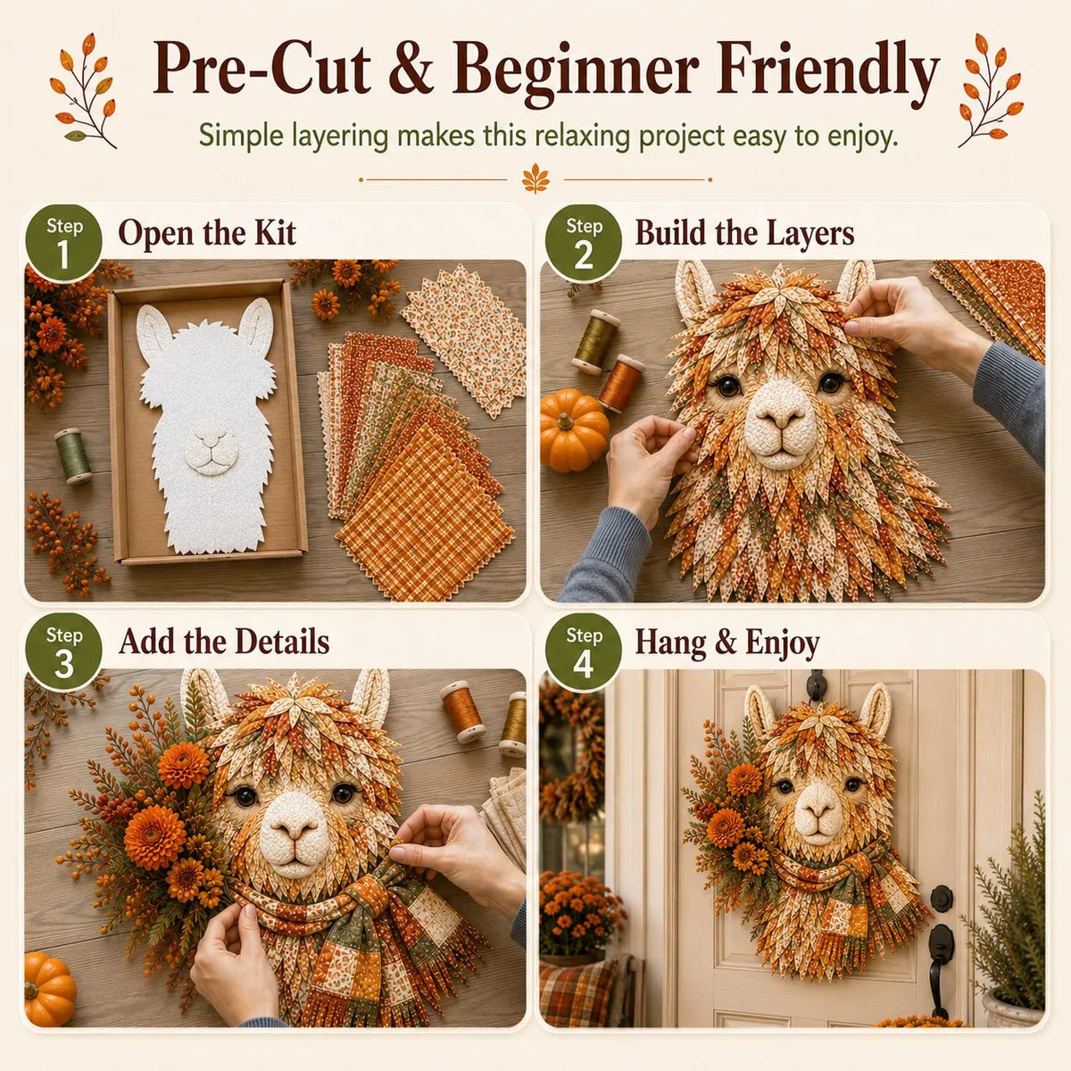 ⏳ Last Day 49% OFF – 🦙 Beginner-Friendly Autumn Alpaca DIY Wall Hanging Kit | Complete Kit with Pre-Cut Fabrics, Stitching Supplies & Step-by-Step Guide Included 🍂💕