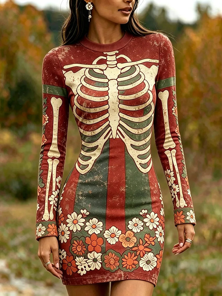 Women's Gothic Skeleton White Floral Art Print Bodycon Mini Dress