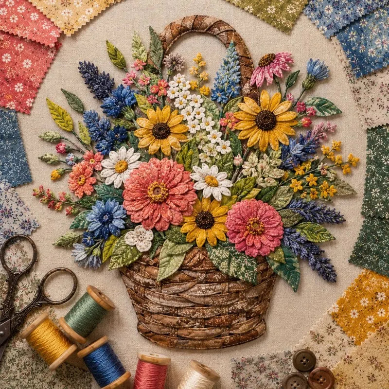 🌸🧵 Premium Floral Basket Patchwork DIY Kit | High-Quality Layered Fabric Bouquet with Raised Petals & Woven Basket Details ✨