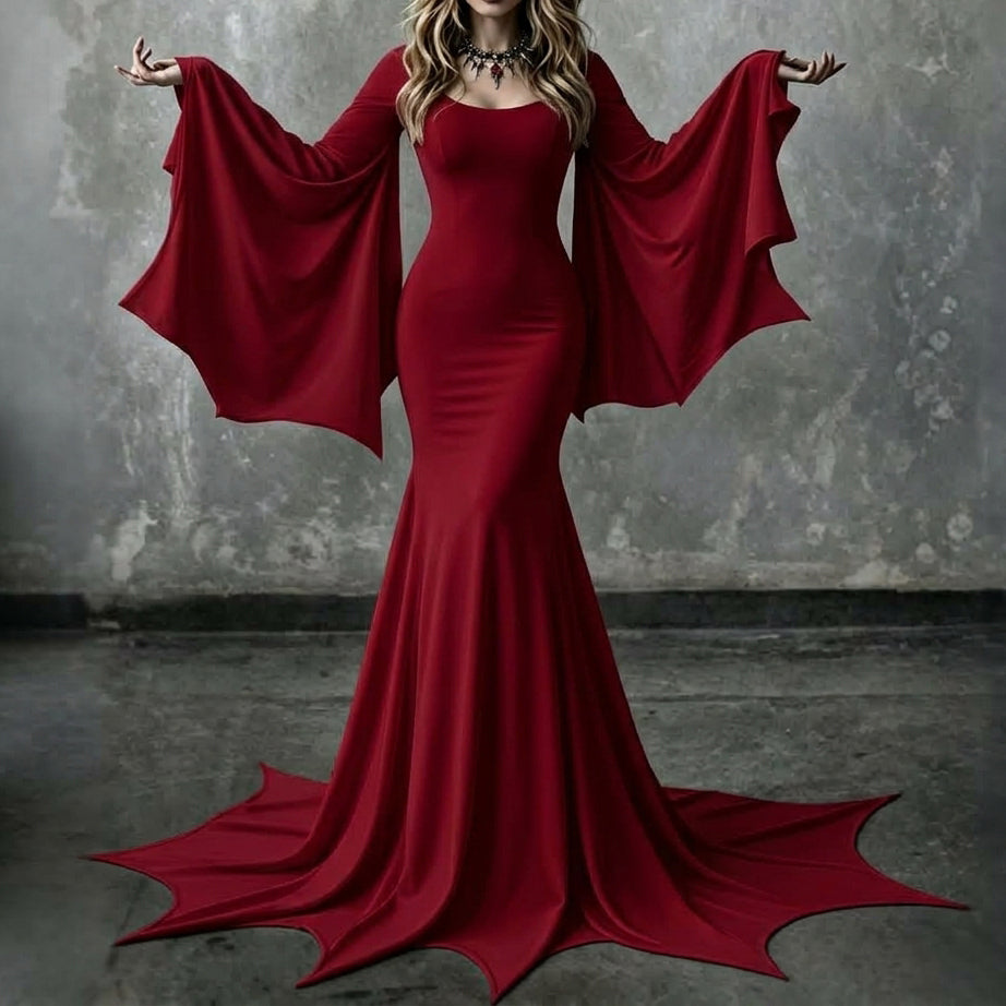 Women's Vintage Halloween Gothic Dark Mermaid Hem Flare Sleeve Dress