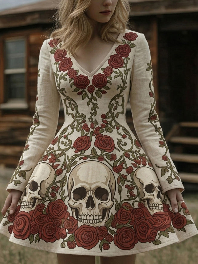Women's Retro Halloween Skull And Floral Print V-neck Long Sleeve Dress