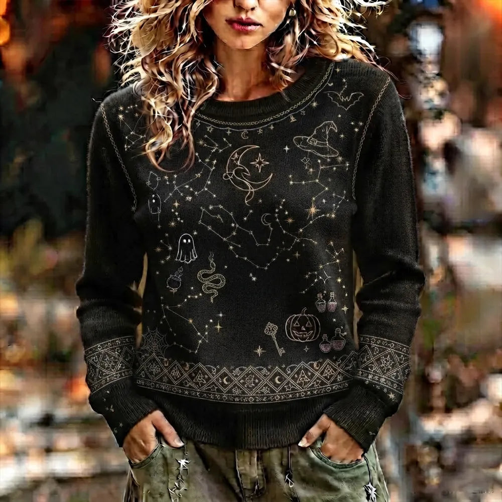 Women's Casual Crewneck Knit Sweater In Black With Constellation, Celestial Motifs, Ghost, And Pumpkin Print