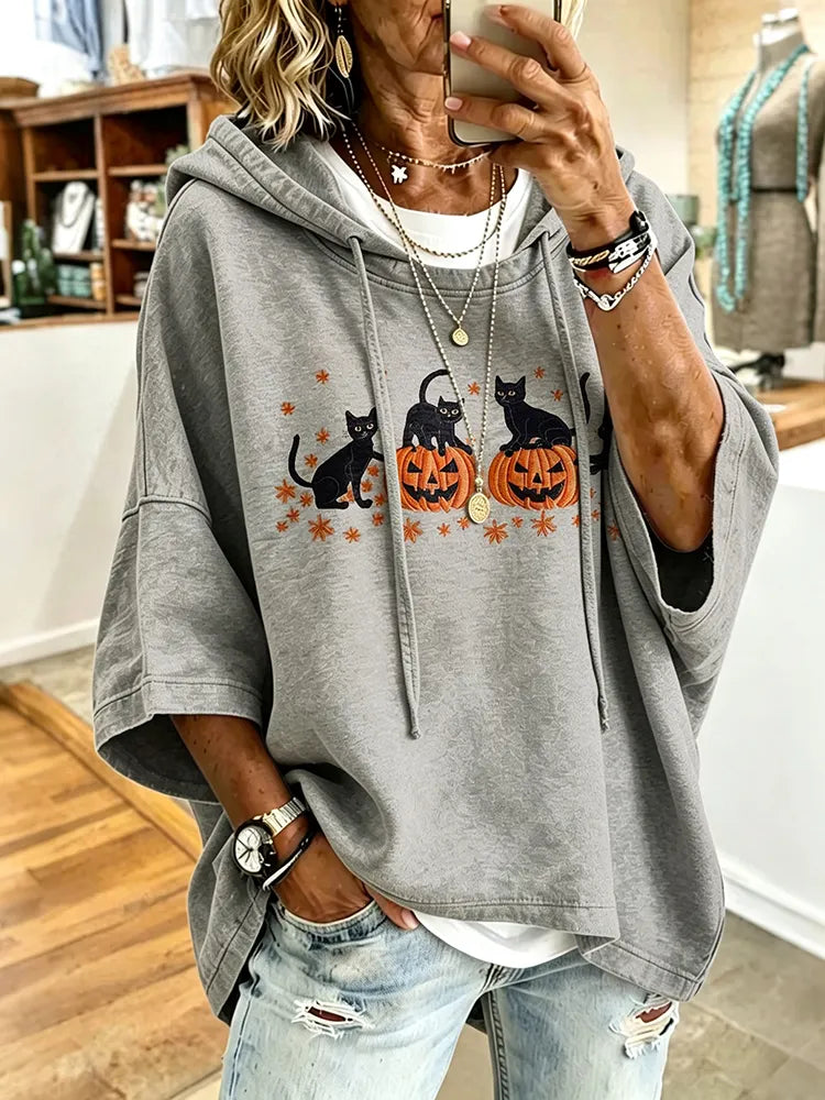 Women's Retro Halloween Cat And Pumpkin Art Print Hooded Sweatshirt