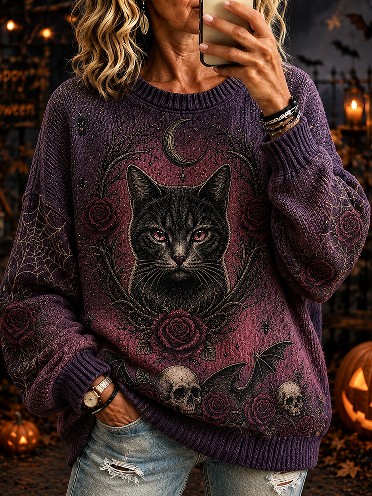 Women's Goth Cat & Skull Graphic Knit Sweater - Dark Purple Floral Rose & Bat Pattern