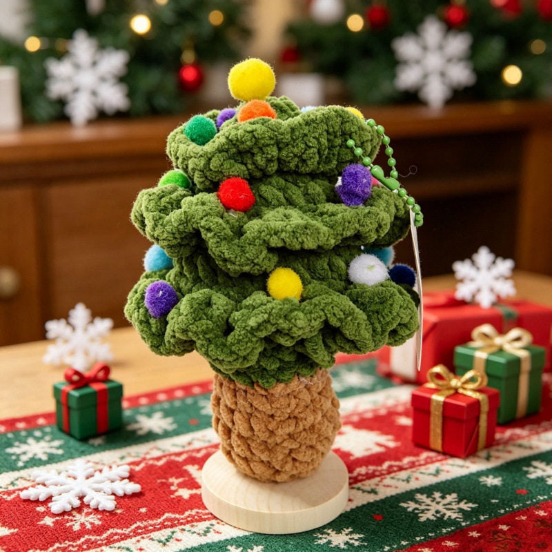 Crochet Christmas Flower Pot Decor - Festive Desktop Ornament Gift for Office, Home & Holiday Parties