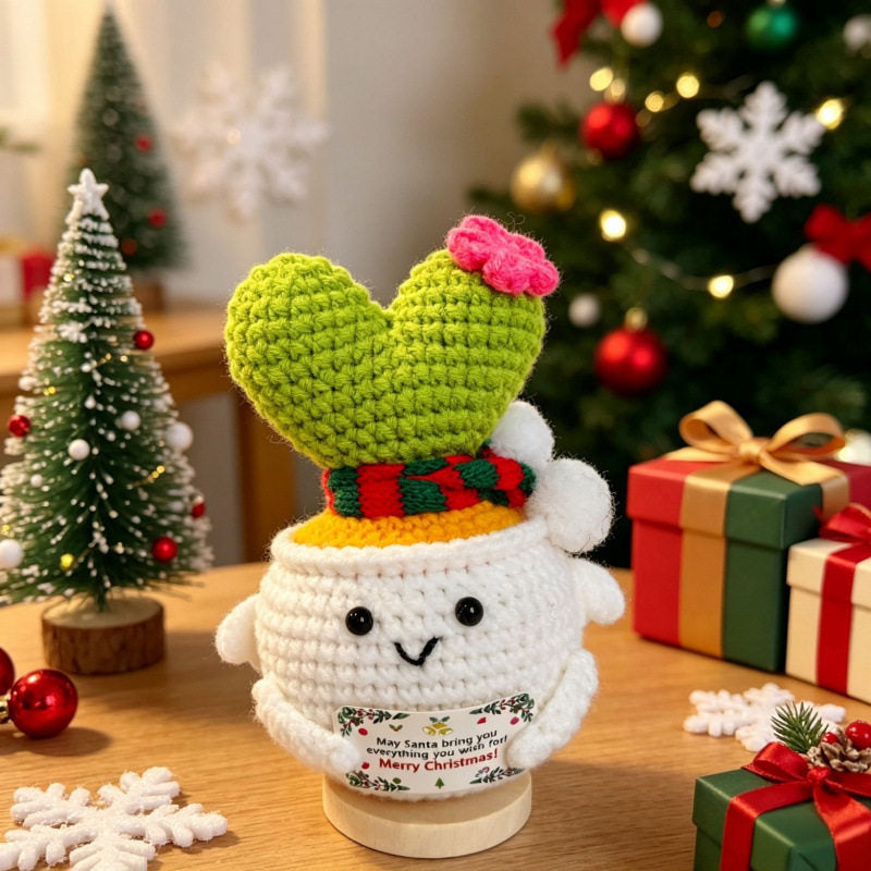 Crochet Christmas Flower Pot Decor - Festive Desktop Ornament Gift for Office, Home & Holiday Parties