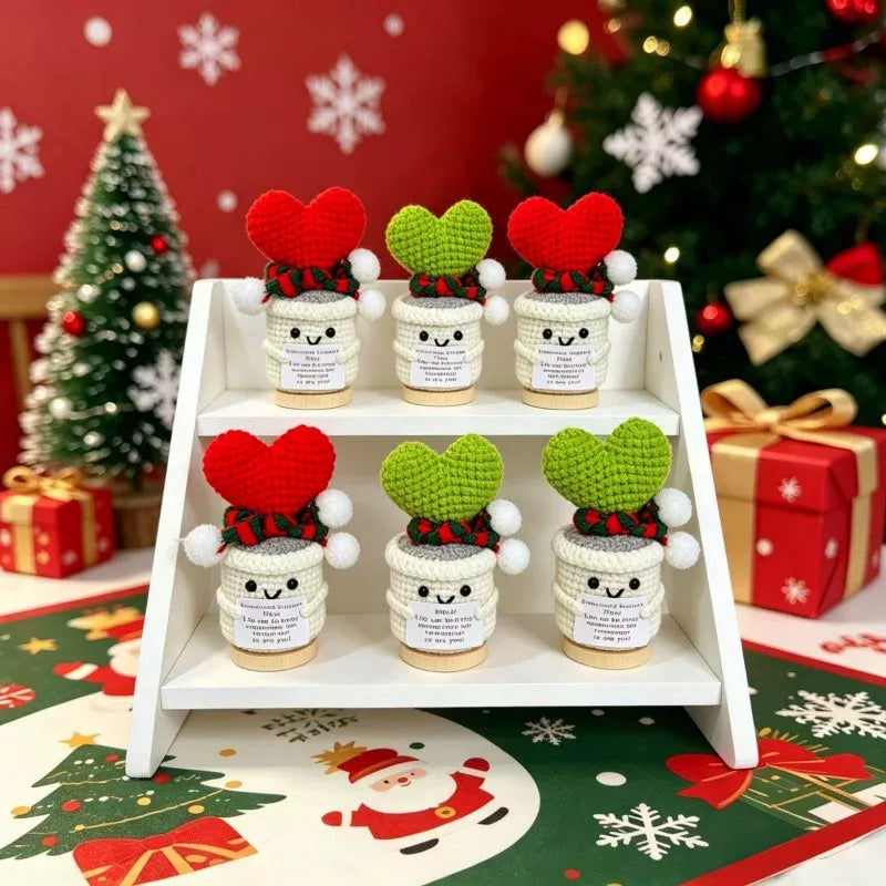 Crochet Christmas Flower Pot Decor - Festive Desktop Ornament Gift for Office, Home & Holiday Parties