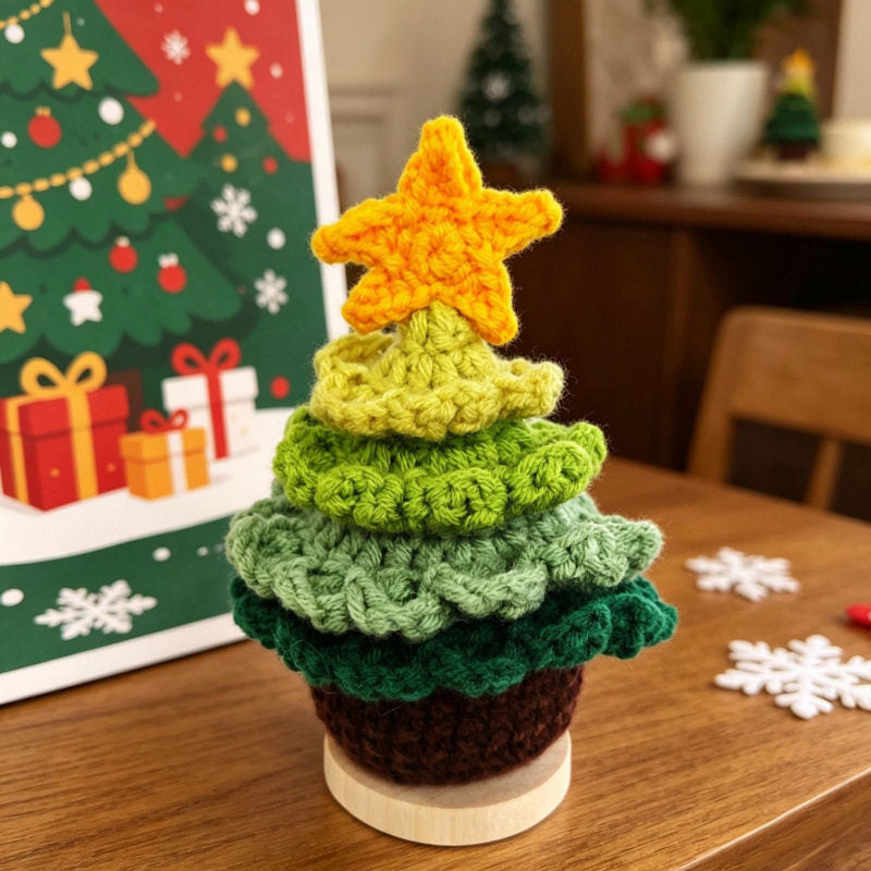 Crochet Christmas Flower Pot Decor - Festive Desktop Ornament Gift for Office, Home & Holiday Parties