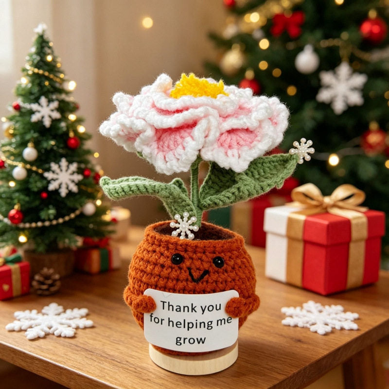 Crochet Christmas Flower Pot Decor - Festive Desktop Ornament Gift for Office, Home & Holiday Parties